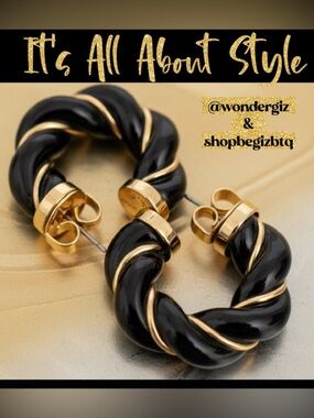 NWT Authentic Tory Burch Black and Gold Textured Rope Hoop Earrings
